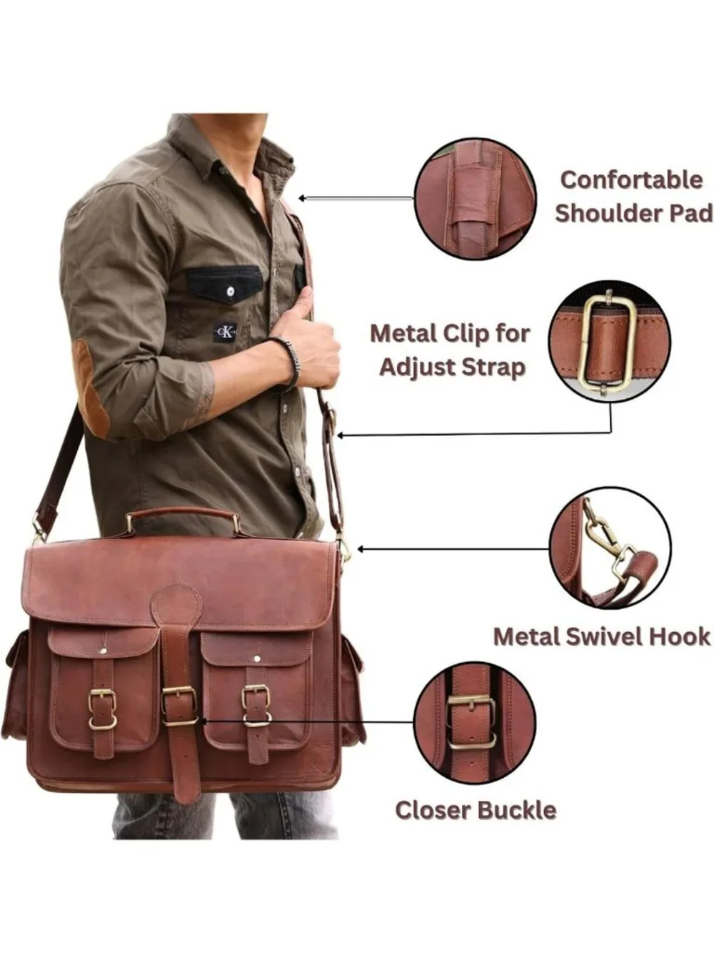 Handmade Vintage Leather Messenger Bag, Adjustable Crossbody Laptop Briefcase